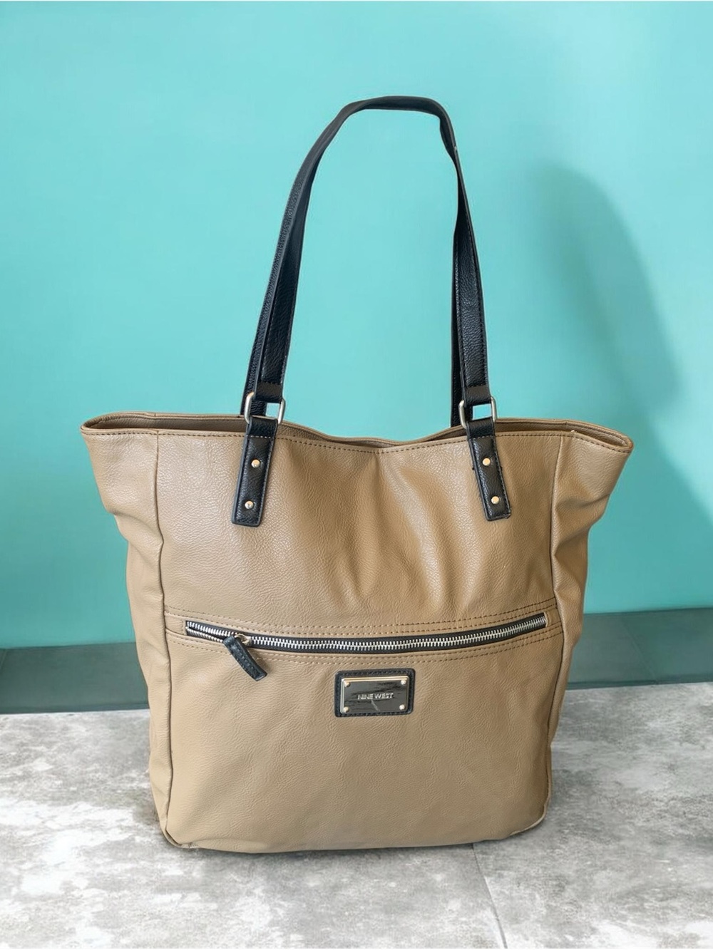 Nine West Neutral Tote with Chocolate Brown Straps